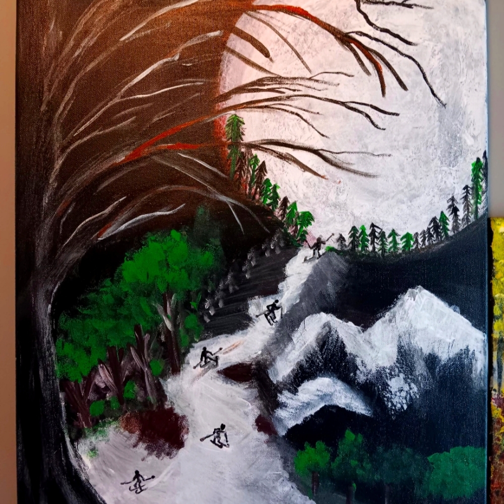 Dynamic Green and Black Swirling Painting